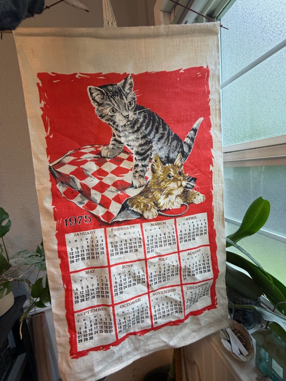 Vintage 1975 Cats Calendar Wall Hanging - Red & White